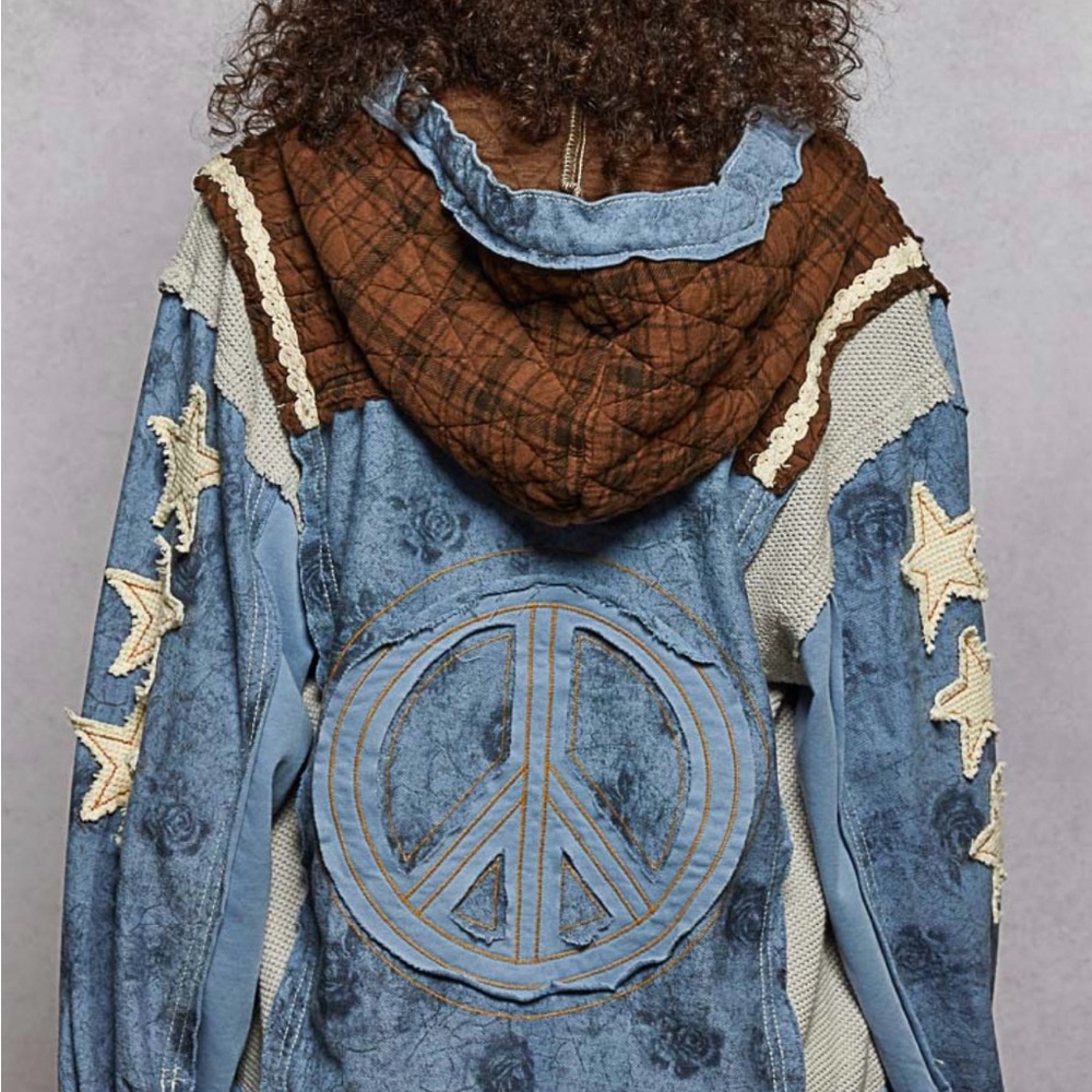 POL Blue and Brown Patchwork Jean Jacket
